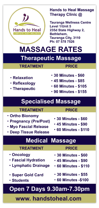 hands to heal massage therapy rate card 2026